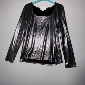 CeCe Women's Silver metallic Long Sleeve Blouse Party Top Size Large Square Neck